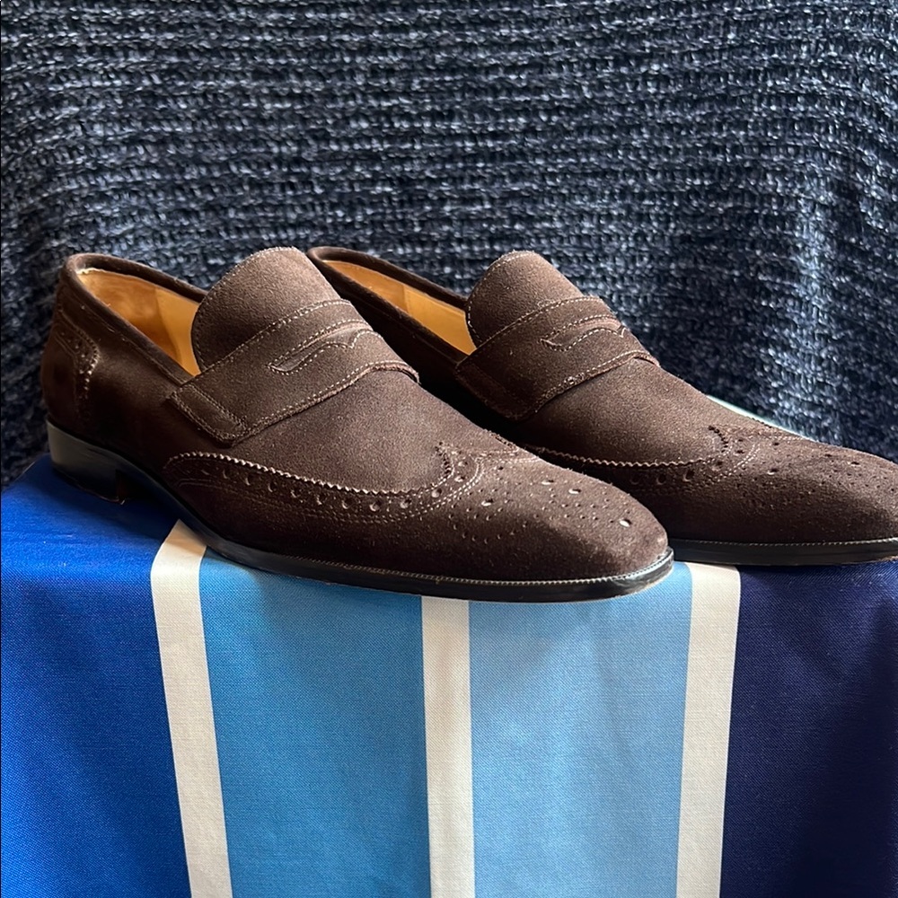 Mercanti Fiorentini Dark Brown Suede Penny Wingtip Loafers